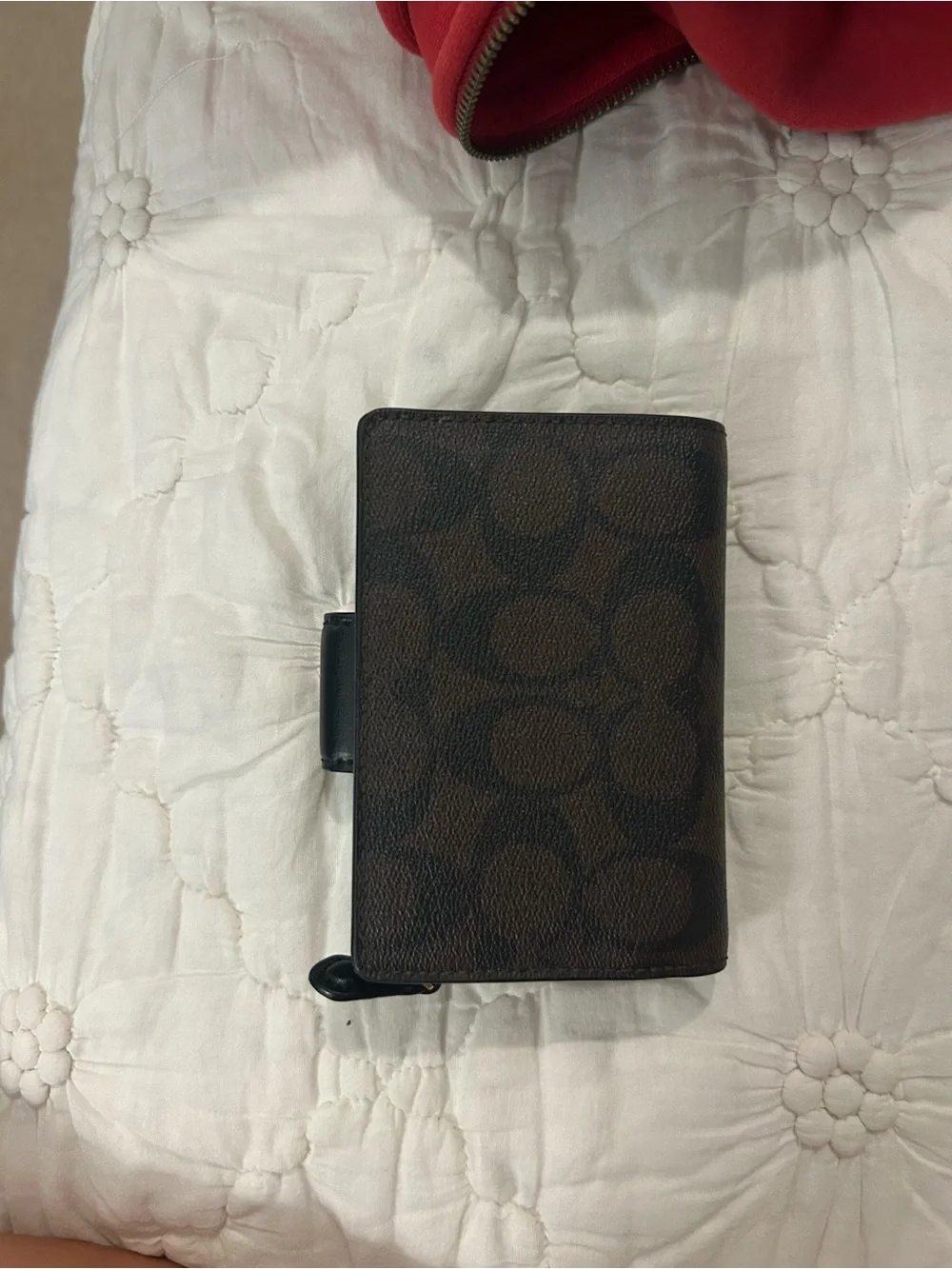 Coach Brown Signature Compact Wallet with Black Trim